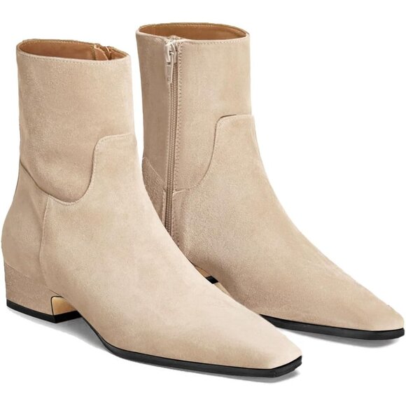 ⚡Women's Tan Booties Low Heel Ankle Boots Square Pointed Toe Chunky Heel Zipper - Picture 1 of 5